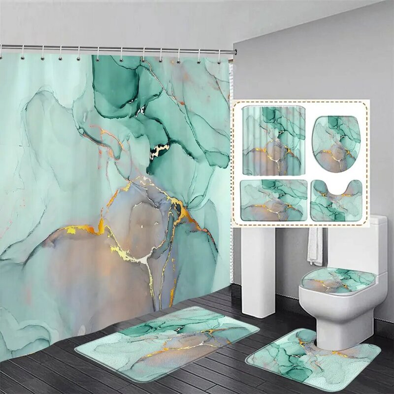 Marmeren Vrije Stroom Metalen Werveling Textuur Douchegordijn Set Natuurlijke Luxe Abstracte Textuur Waterdichte Douche Gordijnen Set