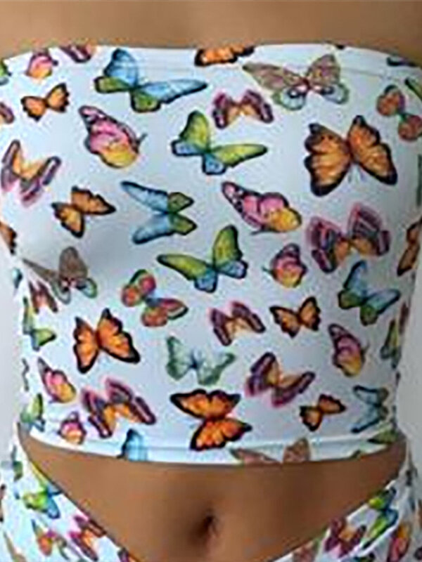 Top sin tirantes con estampado de mariposa para niñas, minifaldas plisadas con cordón, ropa de calle ajustada informal, 2 piezas