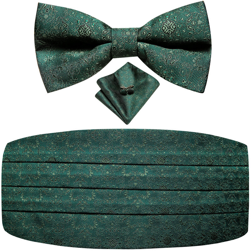 Hi-Tie Silk Green Floral Mens Cummerbunds Vintage Jacquard Bowtie Hanky Cufflinks Cummerbund Belt Corset For Male Wedding Events