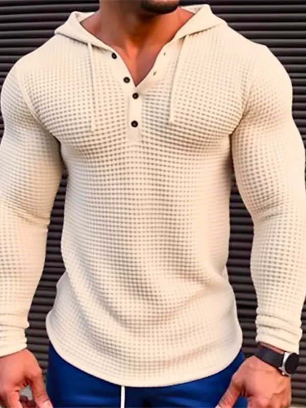 Spring Solid Color Slim Fit Long Sleeved T-shirt, Men's Hooded Breathable Sports Top, Waffle Cotton Casual Long Sleeved Shirt