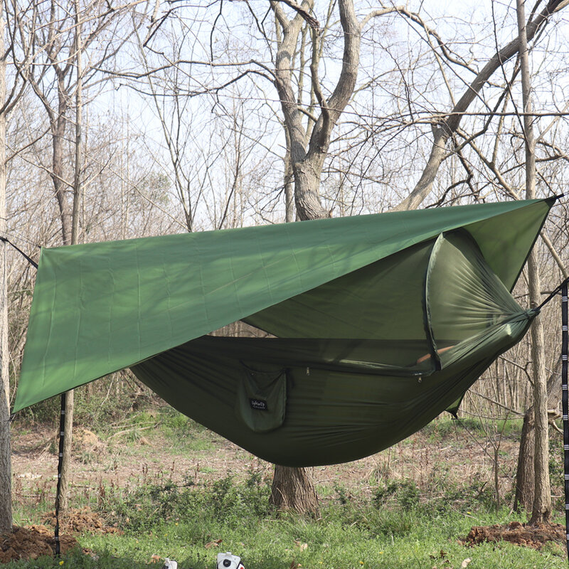 Hamaca doble para acampar al aire libre de 260x140cm con mosquitera y lona para la lluvia, paracaídas ligero para viajes y senderismo