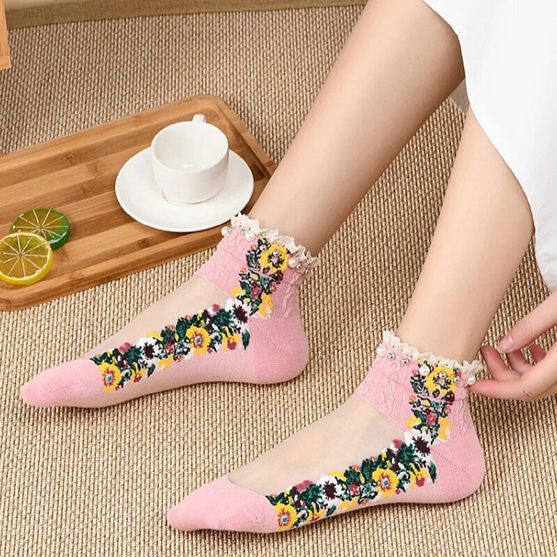 Прозрачные носки в стиле "Лолита" с жемчугом и неглубоким горлом, весенние женские носки-лодочки, носки с цветочной вышивкой, Чулочные изделия