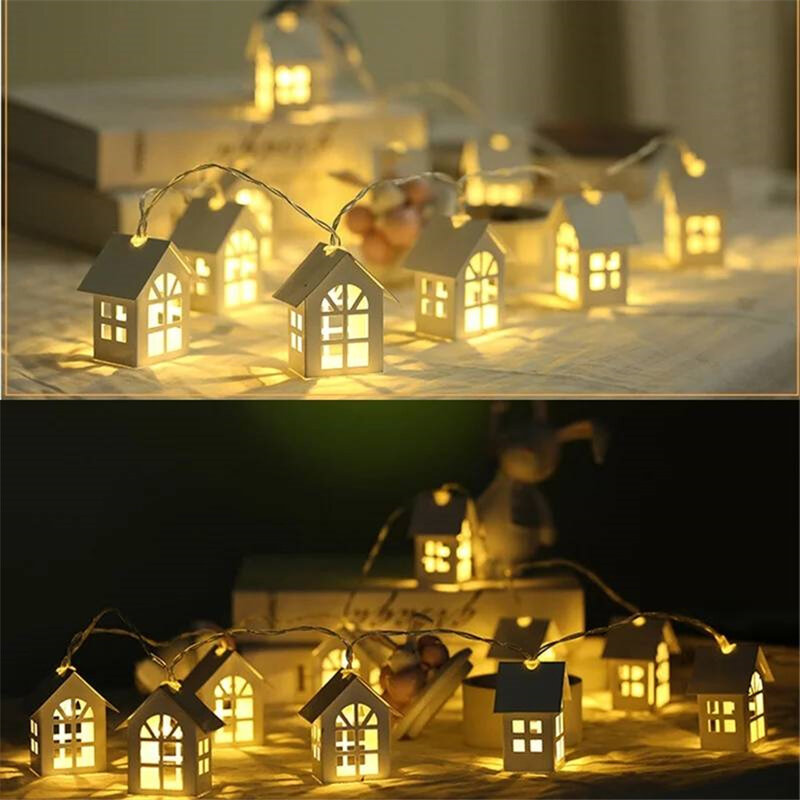 2M 10LED Wood House String Lights luci di fata ghirlanda di natale alimentate a batteria per la decorazione della festa nuziale della stanza di natale di capodanno