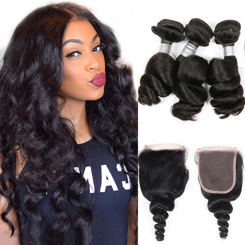 DreamDiana 10A Ombre Human Hair 3 Bundles with Closure T1B/30 Remy 100% Malaysian Hair Loose Weave 3 Bundles with Lace Closure