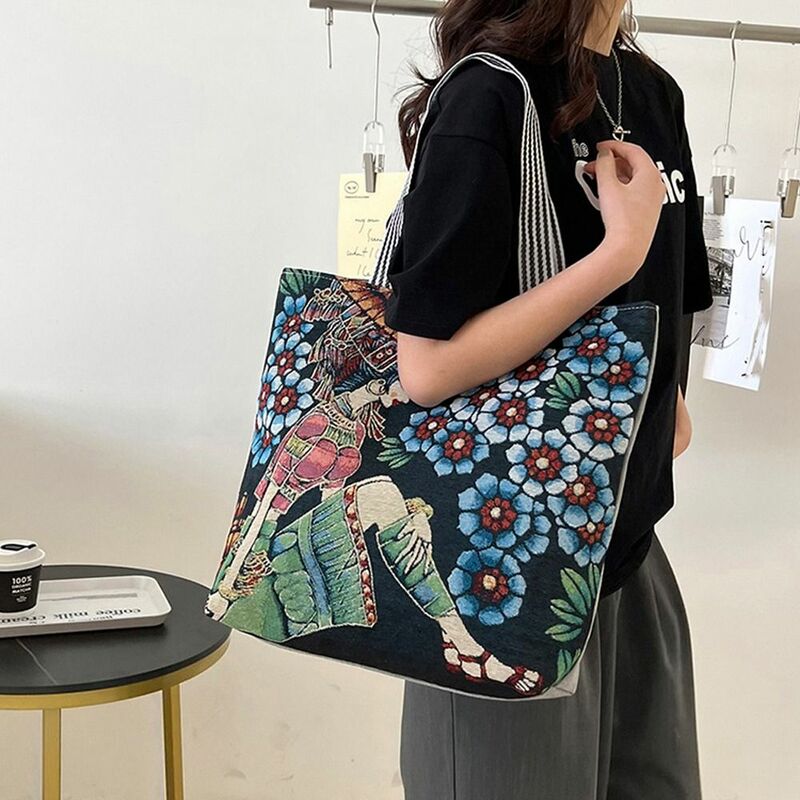 Women Elegant Painted Tote Bag Art Handbag Retro Leaf Flower Shoulder Bag Large Capacity Canvas Bag Oil Painting Storage Bag
