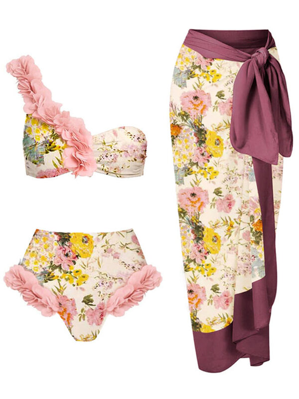 Комплект кружевного бикини на одно плечо 2024, женский модный купальник, летние купальники с цветочным принтом и накидка, купальные костюмы в пляжном стиле