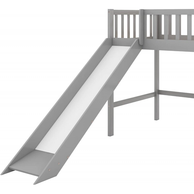 Low Loft Bed with Slide Ladder for Kids, Pinewood Bedframe, Guardrail de segurança, fácil de montar, sem caixa, tamanho duplo, meninas, meninos