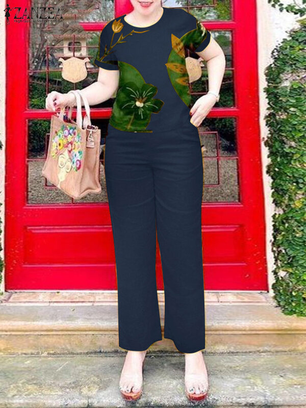 ZANZEA 여성용 O넥 반팔 꽃무늬 블라우스 바지 세트, 우아한 OL 작업복, 프린트 운동복, 여름 매칭 세트, 2024, 2 개