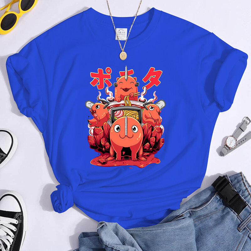 애니메이션 포치타 프린트 티셔츠, 유니섹스 캐주얼 루즈 라운드 넥, 창의적인 맞춤형 티셔츠, 신상 인기
