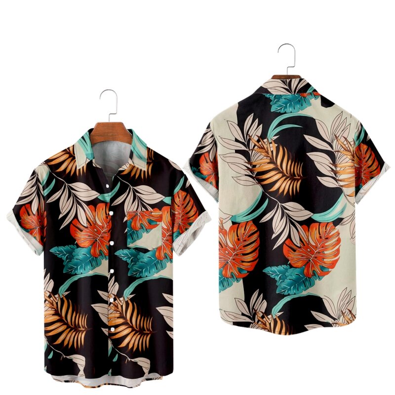 قمصان قصيرة الأكمام بطبعات أوراق الشجر ، رقبة حرف V ، ياقة مطوية لأسفل ، قميص بأزرار على طراز الشاطئ كاجوال ، الصيف