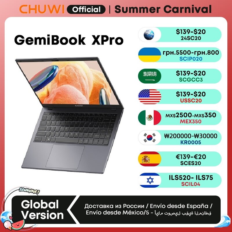 CHUWI-Laptop GemiBook XPro, Processadores Intel N100, 8GB de RAM, 256GB SSD, 14,1-polegadas tela UHD, ventoinha, janelas 11 Notebook