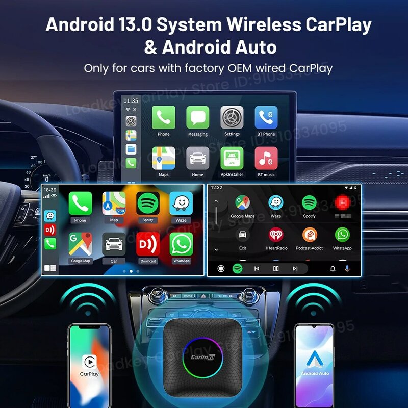 Carlinkit Ai Box Android 13 Led nirkabel, kotak Tv pintar Auto & CarPlay QCM6225 mendukung Youtube Netflix, Aksesori Mobil