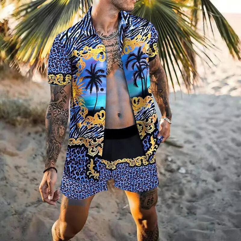 Костюм мужской Пляжный из 2 предметов, винтажная рубашка с принтом Золотой лошади, шорты с коротким рукавом, повседневный костюм в гавайском стиле для поездок