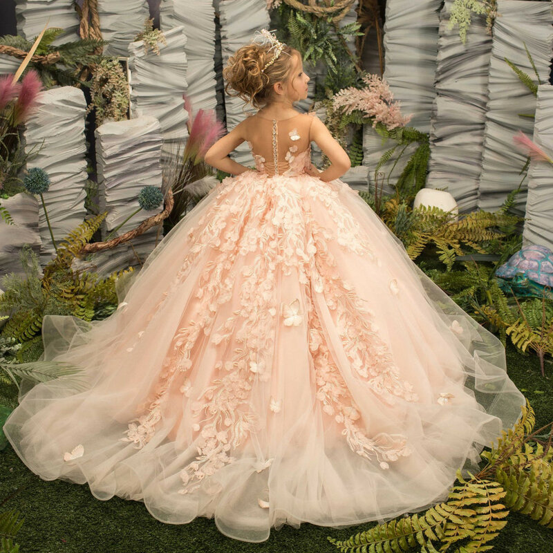 2024 kwiatowa dziewczynka sukienki na ślub bez rękawów tiulowa sukienka imprezowa dla dzieci dziewczyna koronkowe aplikacje księżniczka suknia balowa konkurs Jurk