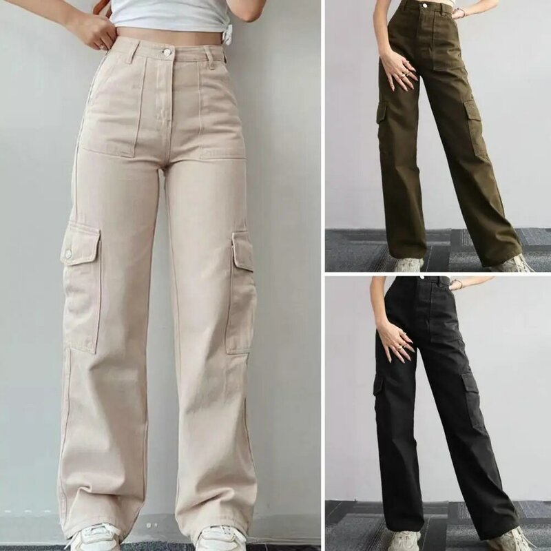 Calças femininas retas, calças elegantes de cintura alta, calças de perna reta multi bolso, moda streetwear casual