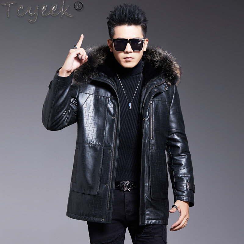 Tcyeek Mid-long Genuine Sheepskin Coats Real Leather Jacket Men Clothes Winter Warm Raccoon Fur Collar Fashion Real Fur Coat LM
