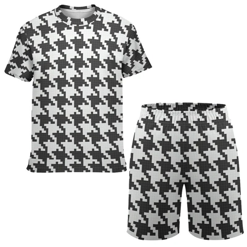 Letnie spodenki T-shirt dwuczęściowy zestaw dla mężczyzn, modny czarno-biały podwójny nadruk oddychający streetwear oversize tee short
