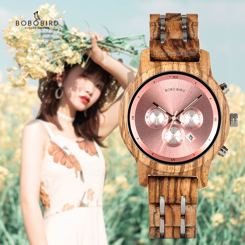 BOBO BIRD Montre en bois pour femme, montres bracelets à quartz, chronographe, affichage de la date, cadeau pour femme, livraison directe, personnalisé