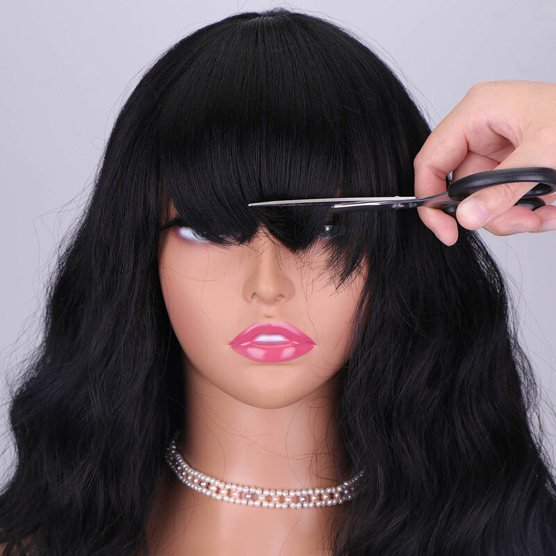 Parrucche nere sintetiche corte con frangia parrucca Bob ondulata naturale per le donne marrone uso quotidiano resistente al calore fibra Lolita capelli Cosplay
