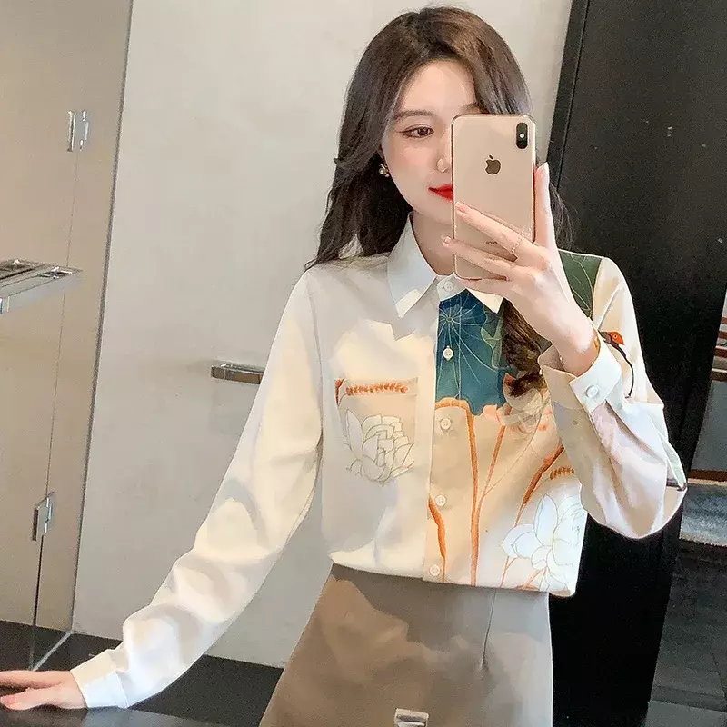 女性用サテン長袖シャツ,花柄の襟,韓国のファッション,だぶだぶ,夏,2024