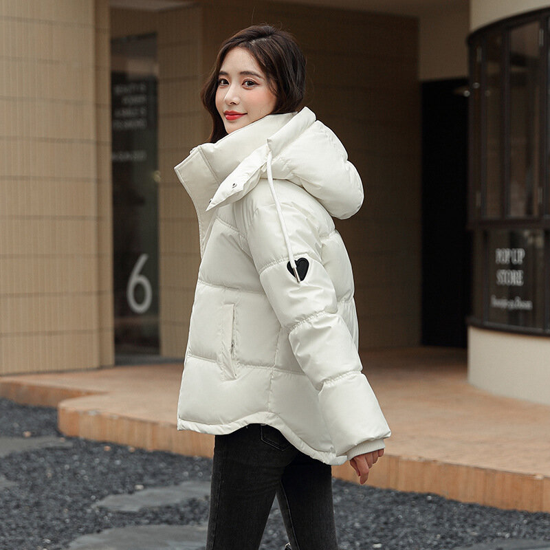 Jaqueta puffer de capuz grosso feminina, Parka quente, manga comprida, preto, branco, roupas de neve, bolsos casuais, jaquetas de inverno