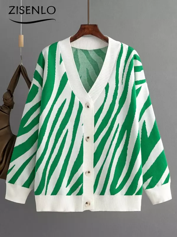 Suéter de punto Vintage para mujer, cárdigan holgado a rayas, chaqueta de gran tamaño, ropa de otoño e invierno
