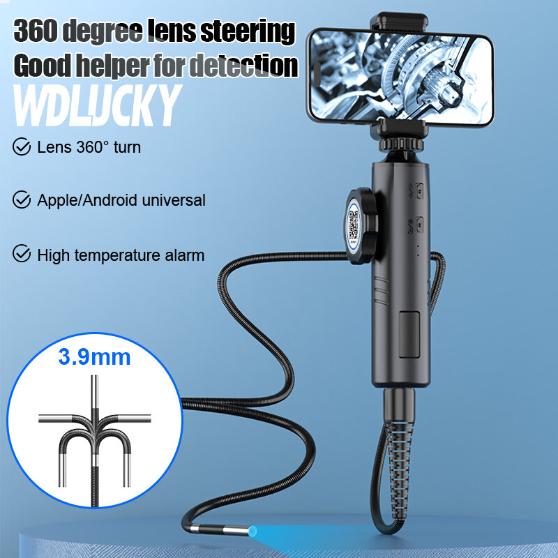 WDLUCKY-endoscópio industrial com endoscópio articulado bidirecional, câmera de cobra IP67 com luz, 3.9mm, 6.3mm, PC, IOS, Android