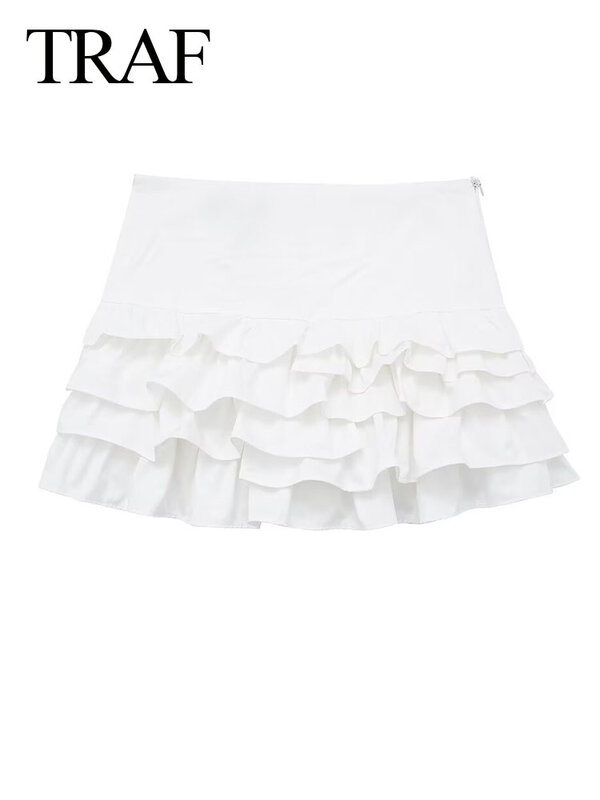 TRAF-Mini-saia com babados de cintura alta feminina, branco vintage, dobras com zíper, fino, doce, nova moda, verão, 2024