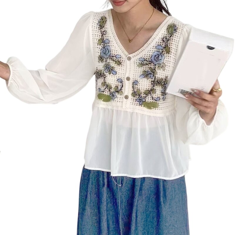 Camisa feminina crochê flor elegante manga bufante botão decote v top solto