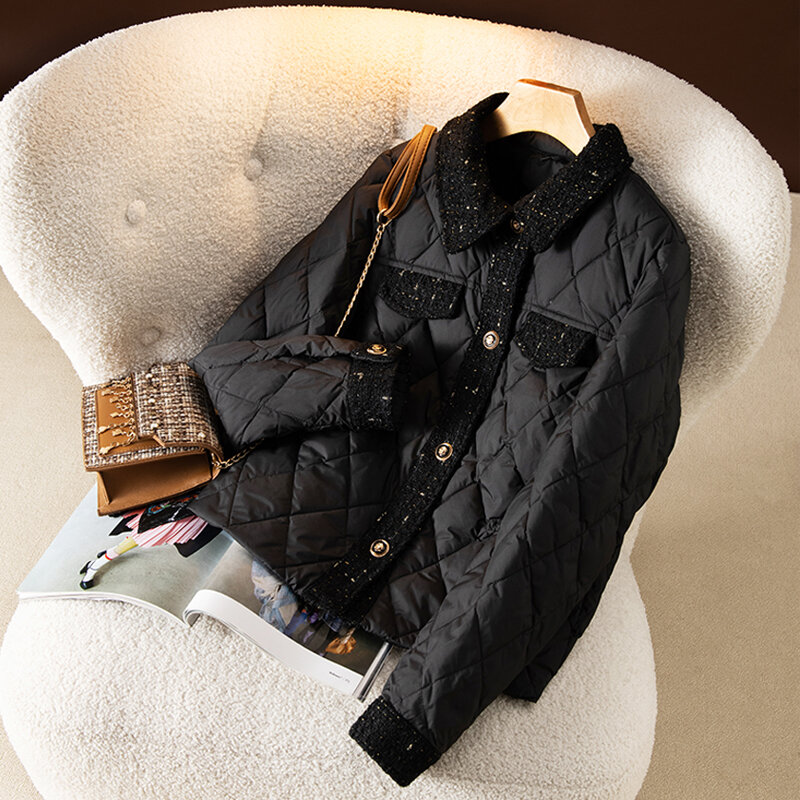 Модное легкое пуховое пальто в клетку, женские пуховики с принтом, Элегантное однобортное пальто с лацканами и длинным рукавом, зимняя подкладка