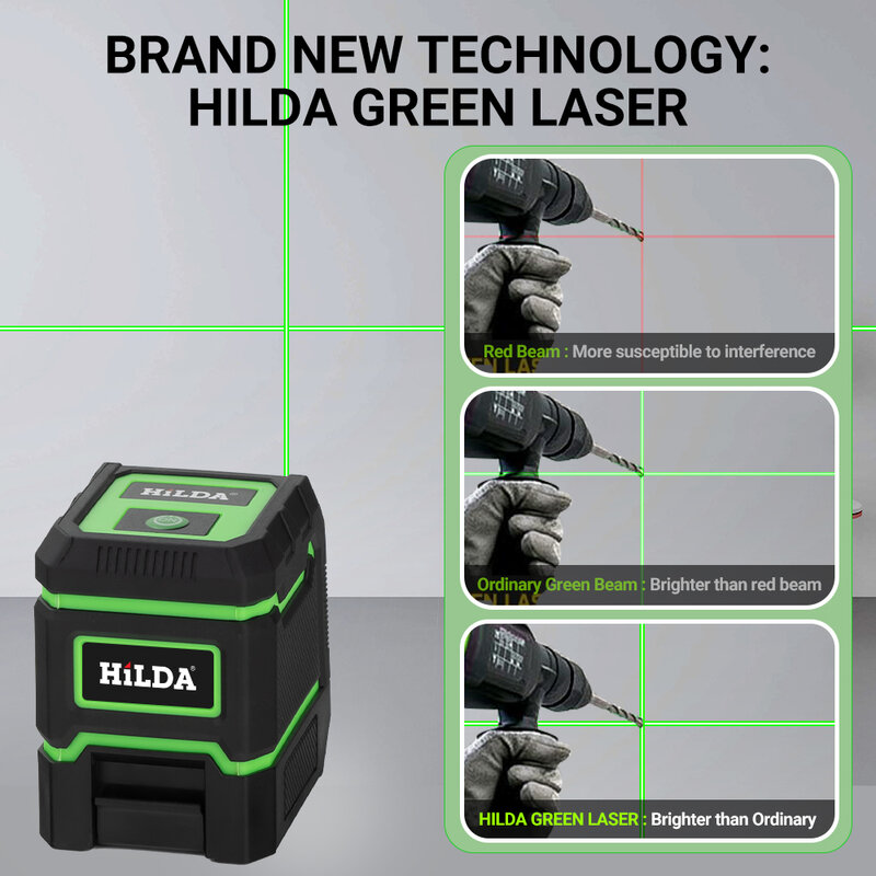 HILDA 레이저 레벨 셀프 레벨링, 수평 및 수직 크로스, 초강력 녹색 레이저 빔 라인, 2 라인