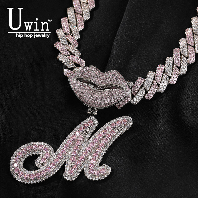 UWIN Custom Name Necklace Lips Clasp Brush Script Letter Pendant With 13mm Cuban Link Two Tone DIY Micro Paved Chain  Jewelry