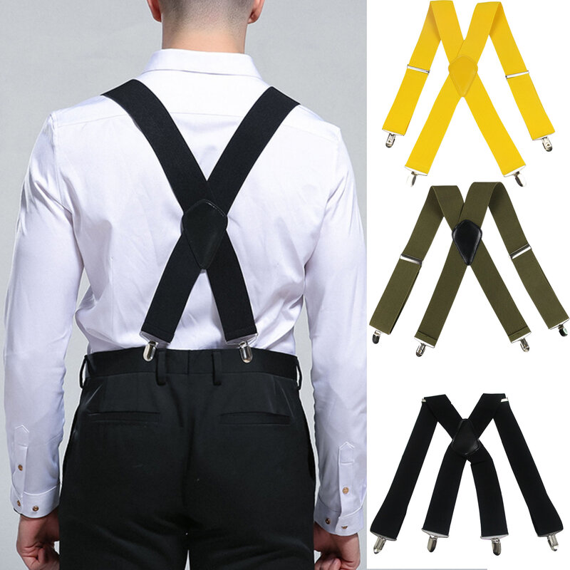 Heavy Duty Big Size Suspenders for Men WorkOutdoor 2Inch Wide X Back 4 Strong ClipsAdiustable Elastic Trouser Braces Straps