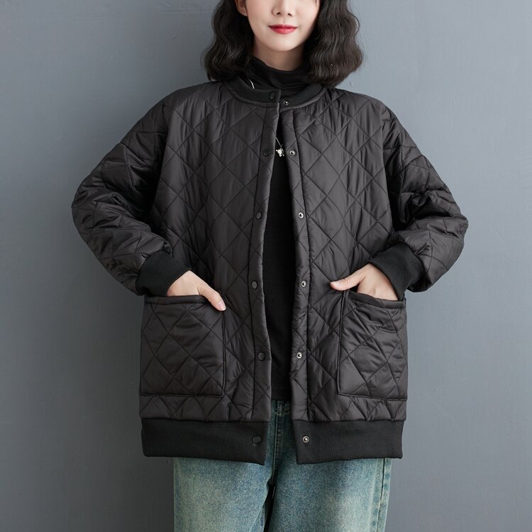 Jaqueta de algodão de manga comprida de peito único feminina, casaco solto, streetwear grosso e quente, monocromática, cintura larga, inverno