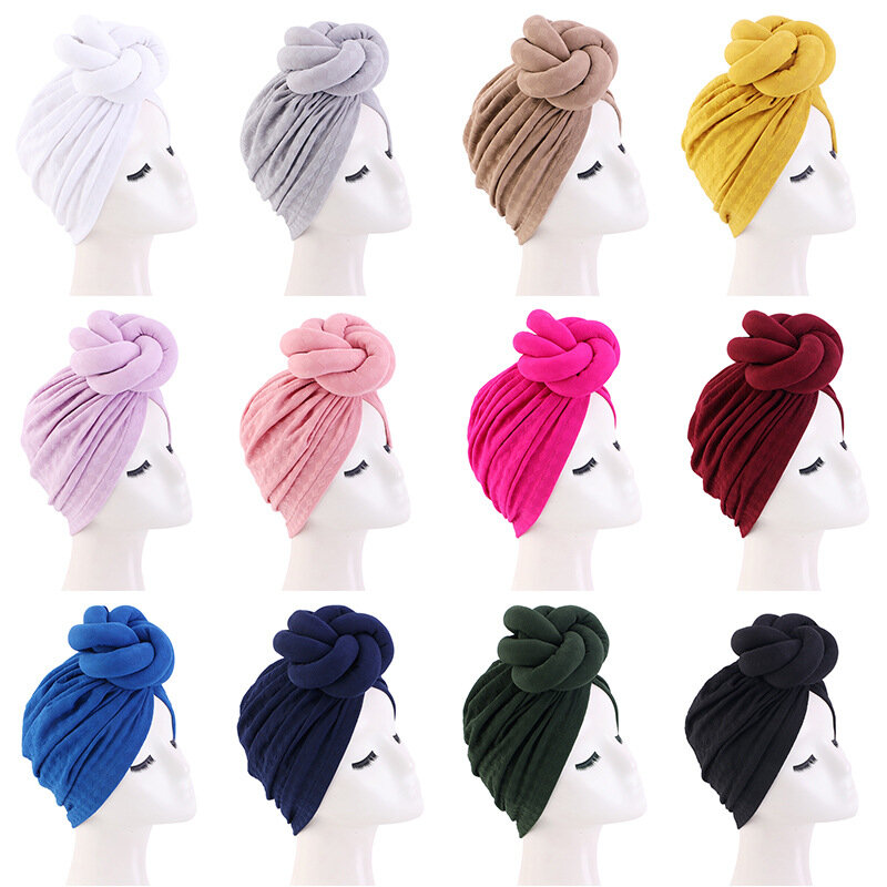 New Muslim Women Knotted Braid Turban Hat Sleep Hijab Head Cover Wrap Cancer Chemo Beanies Cap Hair Loss Bonnet African Headwear