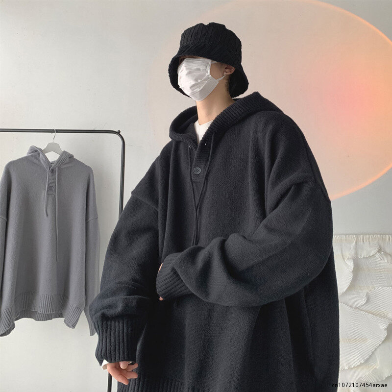 メンズ長袖フード付きスウェットシャツ,カジュアルで暖かいセーター,韓国スタイル,黒,ゆったりとしたセーター,冬