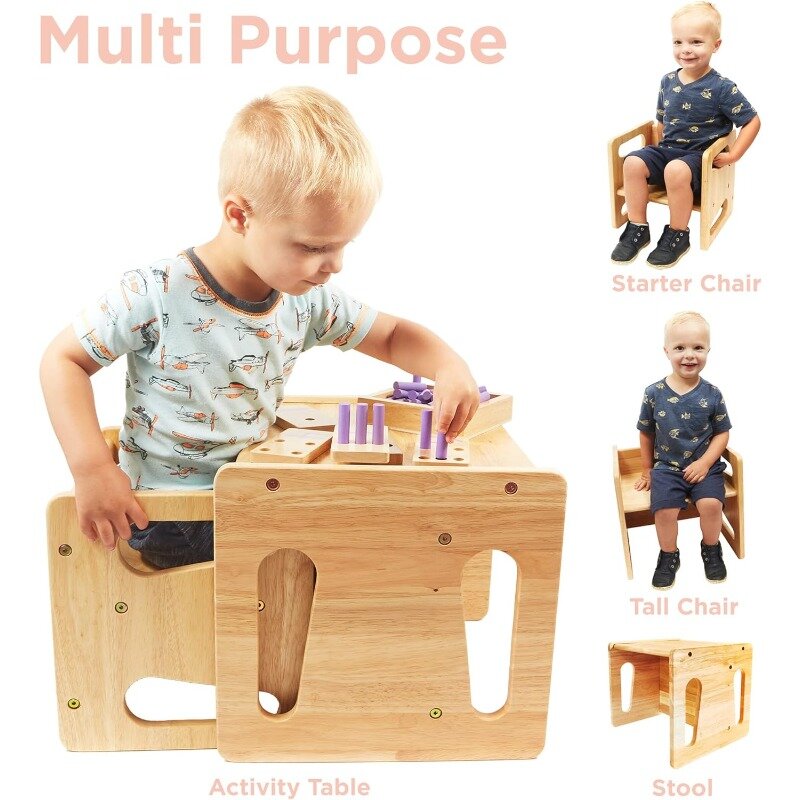 Set meja dan kursi, Meja balita kayu padat, kursi kubus untuk balita, kayu keras asli, furnitur anak-anak
