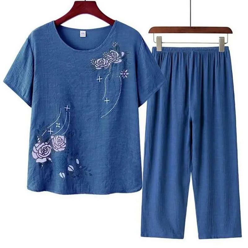 Conjunto de camiseta e calça feminina estampa floral estilo solto, loungewear macio, roupa doméstica, conjunto de calças