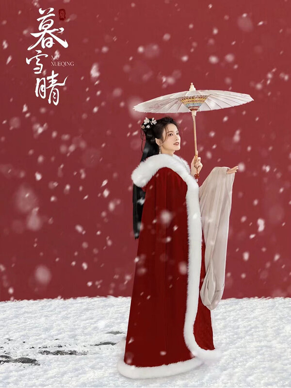 Chiński styl Han kostium płaszcz z kapturem dla kobiet nowa, polarowa zimowy wyściełany ciepły płaszcz