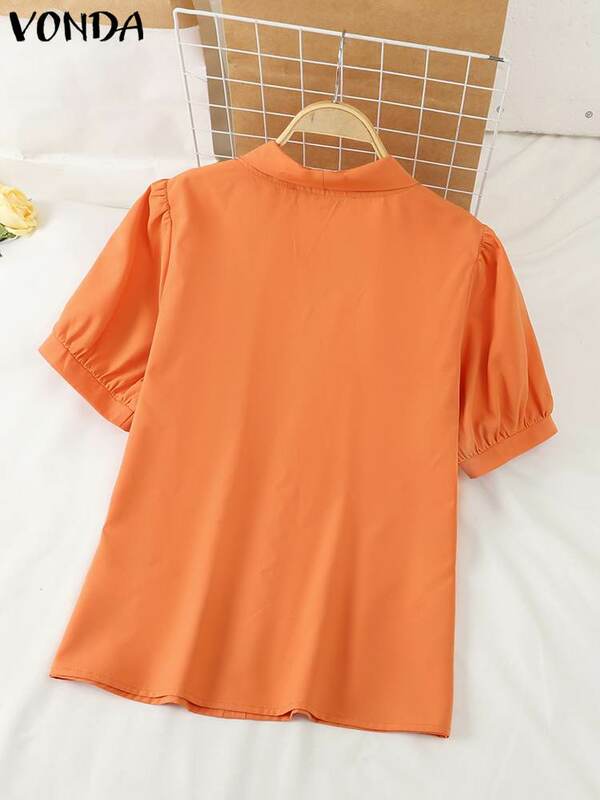 VONDA 2024 Women Summer Shirts Short Sleeve Tunic Tops Fashion V-Neck Bandage Casual Solid Color Blouses Loose Blusas Femininas