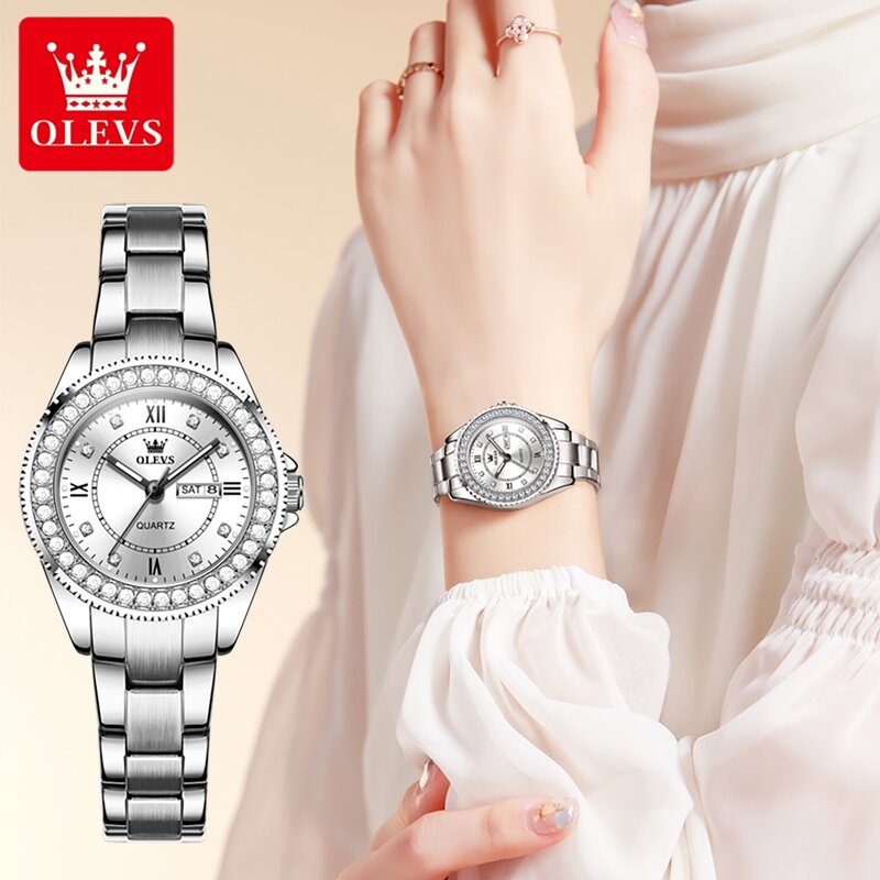 OLEVS Relógio de Aço Inoxidável Feminino, Elegante Moda Relógios, Pulseira de Quartzo de Alta Qualidade, Calendário, Presente Original, Senhora