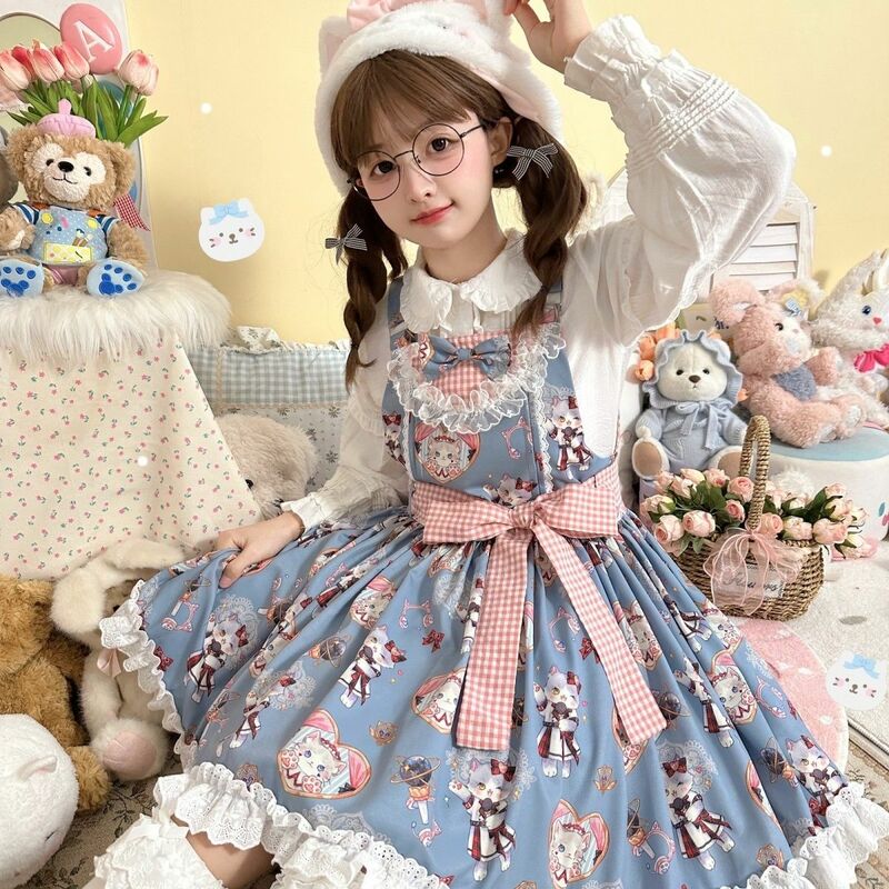 Vestido de princesa Lolita doce estilo kawaii para mulheres, arco bonito, impressão do gato dos desenhos animados, pulseira de amor, vestido de festa