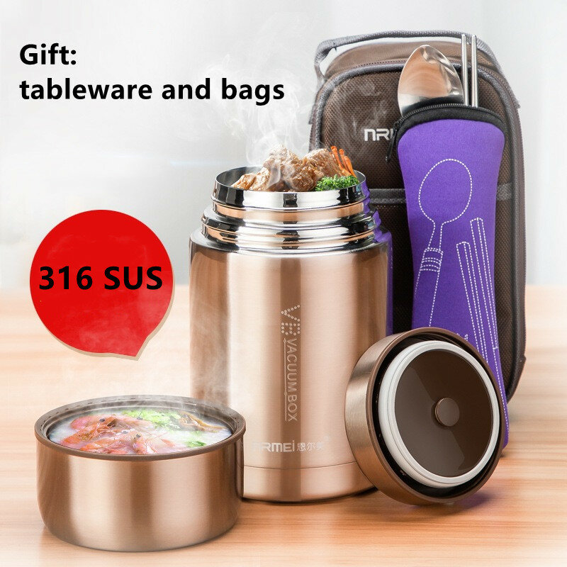 600/800/1000ML Food Thermal Jar Soup Gruel 18-10 Stainless Steel Vacuum Lunch Box Office Insulated Thermos Containers Spoon Bag