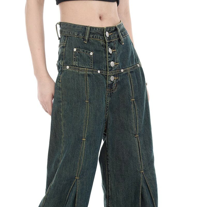 Button High Waist Y2K Denim Pants Women Straight Wide-leg Cargo Pants Vintage Casual Streetwear Harajuku Jeans