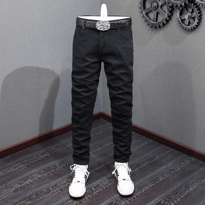 Projektant mody mężczyźni dżinsy czarna elastyczna rozciągliwe dopasowanie łączone jeansy dla motocyklistów mężczyźni spodnie w stylu Vintage kieszeń na suwak spodnie w stylu Hip Hop Homme