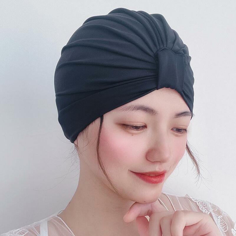 1pcs Frauen verstellbare Bade kappe Sommer Schwimmbad Bade mütze schützen lange Haare Ohren Turban plissiert Stoff Kopf bedeckung Yoga Kappen
