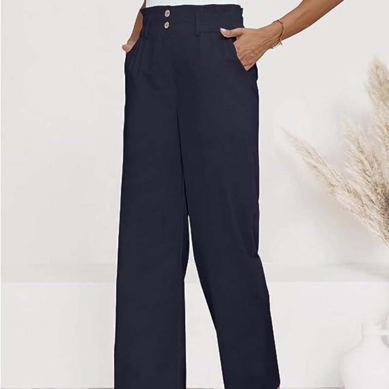 2023 Autumn Women's Elastic Waist Solid Button Pocket Patchwork Elastic Ruffles Loose Office Lady Elegant Fashion Casual Pants