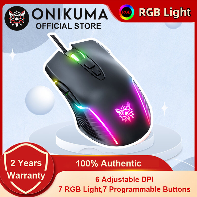 ONIKUMA สายเมาส์สำหรับเล่นเกมส์ RGB Light ปรับ6400 DPI 7ปุ่มออกแบบตามหลักสรีรศาสตร์สำหรับ PC Compute