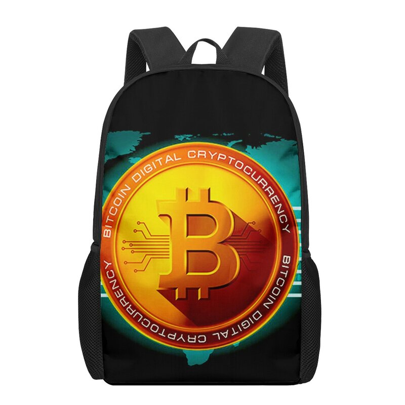 Bolsa escolar com impressão em moeda Bitcoin Money para meninos e meninas, mochila estudantil adolescente, bolsa de grande capacidade, 16"