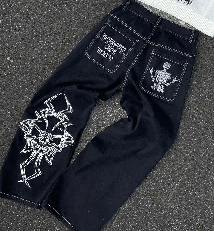 Klassieke Harajuku Geborduurde Schedel Jeans 2024 Straat Mannen En Vrouwen Hiphop Straight Y 2K Blauwe Jeans Voor Vrouwen Slouchy Jeans